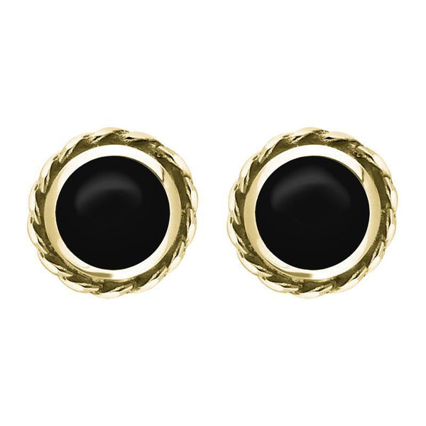 18ct Yellow Gold Whitby Jet Round Twist Edge Stud Earrings. E134.