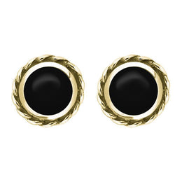 18ct Yellow Gold Whitby Jet Round Twist Edge Stud Earrings. E134.