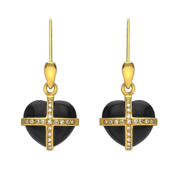 18ct Yellow Gold Whitby Jet Small Cross Heart Drop Earrings D
