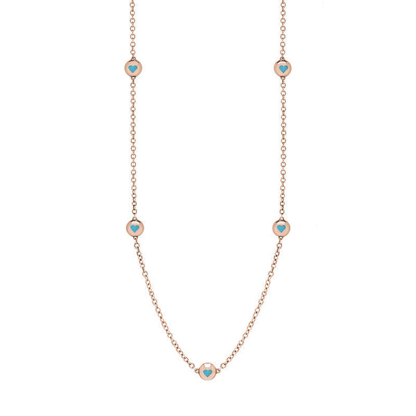 18ct Rose Gold Turquoise Heart Link Disc Chain Necklace, N746.