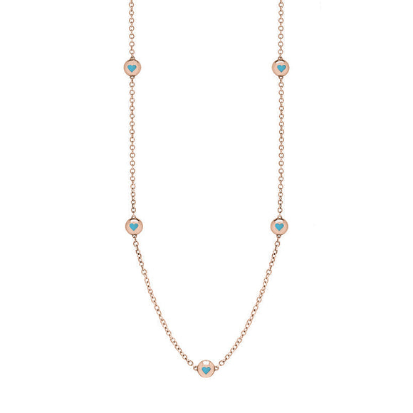 18ct Rose Gold Turquoise Heart Link Disc Chain Necklace, N746.