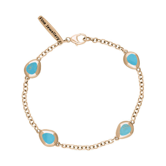 18ct Rose Gold Turquoise Oval Fleur De Lis Detail Four Stone Bracelet, B798.