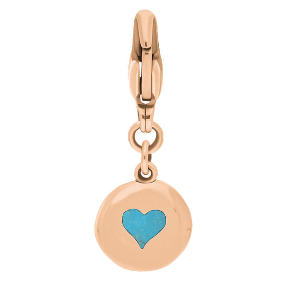 18ct Rose Gold Turquoise Round Shaped Heart Clip Charm, G665.