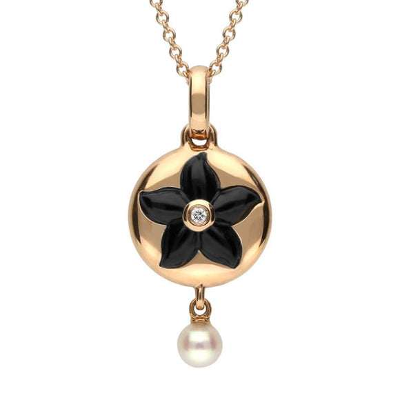 18ct Rose Gold Whitby Jet 0.007 Carat Diamond Flower Necklace p3059