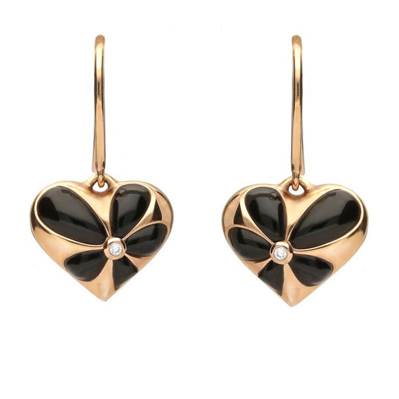 18ct Rose Gold Whitby Jet 0.01ct Diamond Heart Drop Earrings E2051