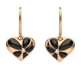 18ct Rose Gold Whitby Jet 0.01ct Diamond Heart Drop Earrings E2051