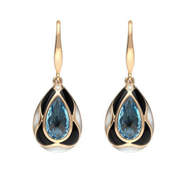 18ct Rose Gold Whitby Jet Diamond Topaz Mother of Pearl Drop Earrings E2291