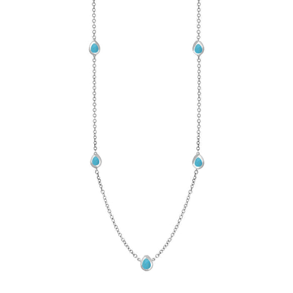 18ct White Gold Turquoise Fleur De Lis Link Disc Chain Necklace, N747.