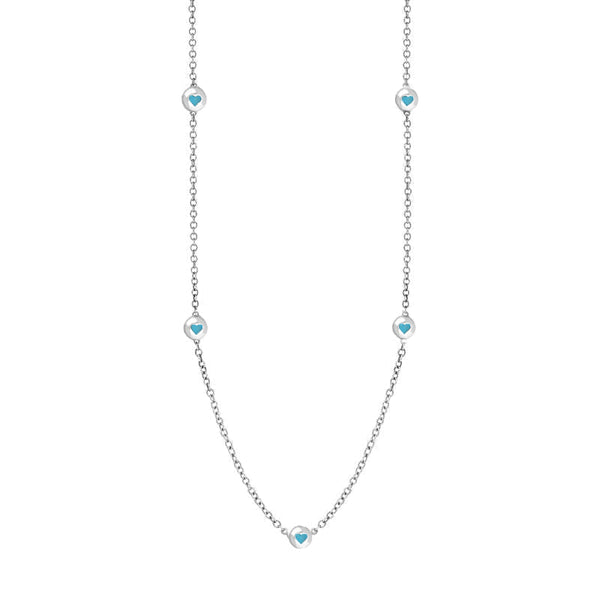 18ct White Gold Turquoise Heart Link Disc Chain Necklace, N746.
