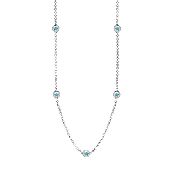 18ct White Gold Turquoise Star Link Disc Chain Necklace, N744.