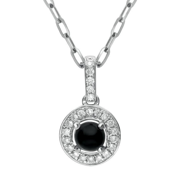 18ct White Gold Whitby Jet 0.10ct Diamond Pave Surround Necklace, P2834