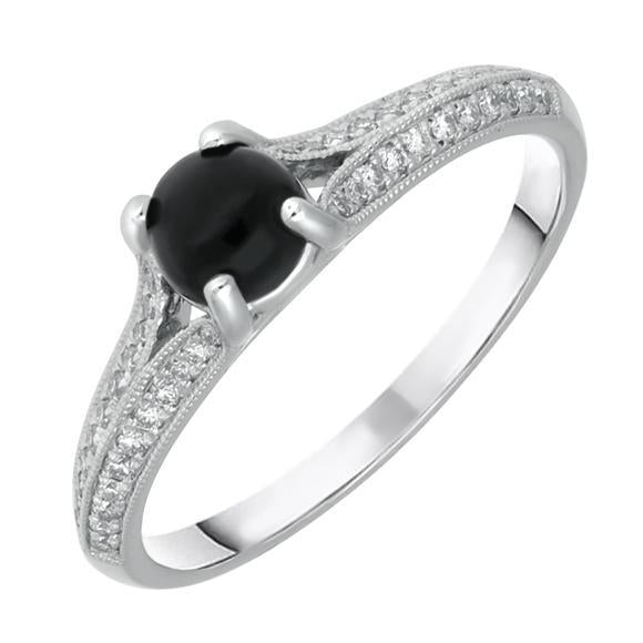 18ct White Gold Whitby Jet 0.15ct Diamond Claw Set Centre Ring R890