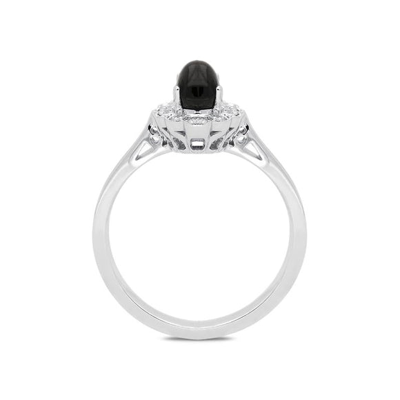 18ct White Gold Whitby Jet 0.16ct Diamond Milgrain Cluster Ring, R1148.