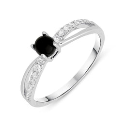 18ct White Gold Whitby Jet 0.16ct Diamond Split Shoulder Ring, R1147.