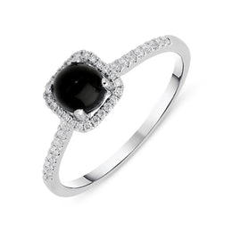 18ct White Gold Whitby Jet 0.16ct Diamond Square Cluster Ring, R1155.