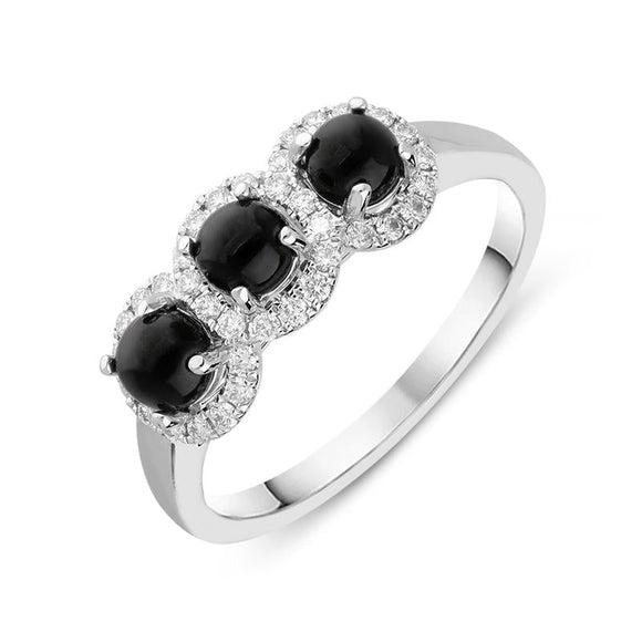 18ct White Gold Whitby Jet 0.24ct Diamond Three Stone Ring, R1012.
