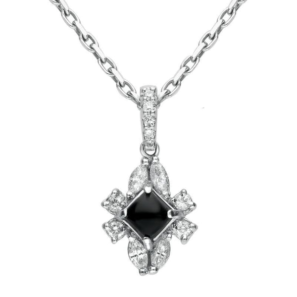 18ct White Gold Whitby Jet 0.30ct Diamond Ornate Necklace, P1549C.