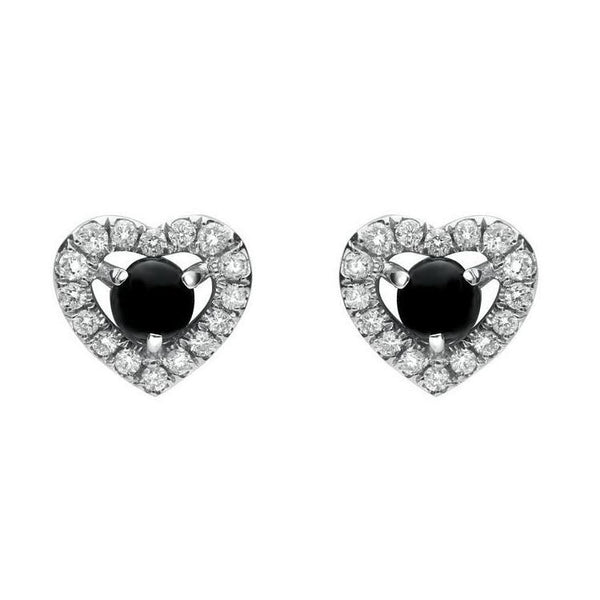 18ct White Gold Whitby Jet 0.33ct Diamond Heart Earrings. E2253