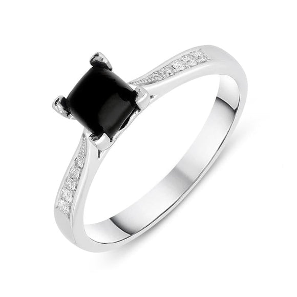 18ct White Gold Whitby Jet Diamond Cushion Shaped Ring, R1150.