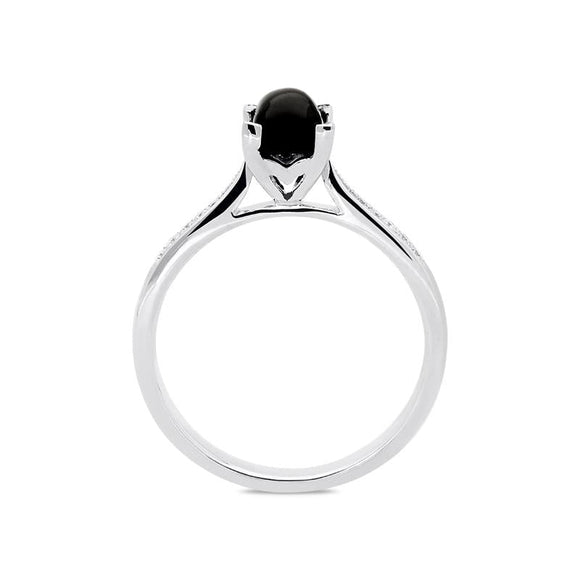 18ct White Gold Whitby Jet Diamond Cushion Shaped Ring, R1150.
