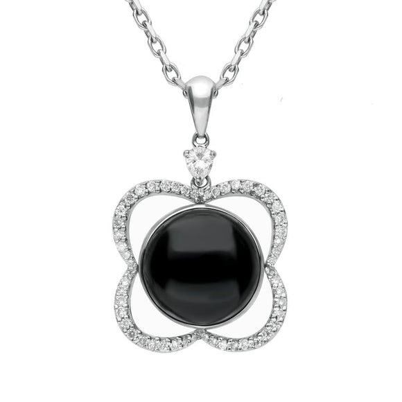 18ct White Gold Whitby Jet Diamond Open Flower Necklace, P1331