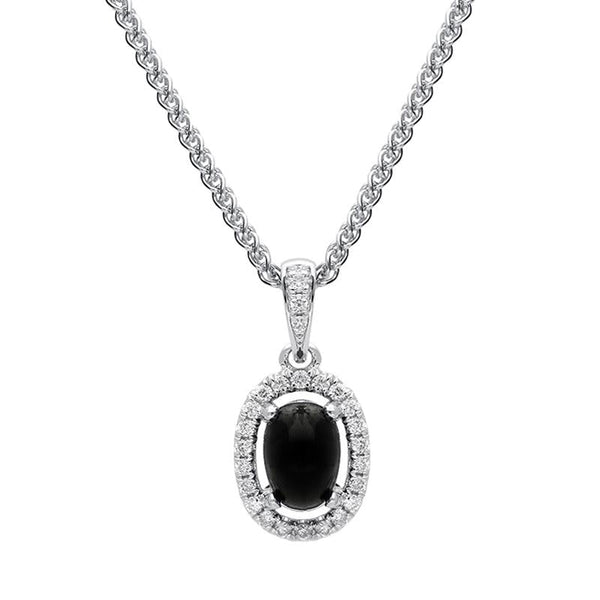 18ct White Gold Whitby Jet Diamond Oval Cluster Necklace, P3324.