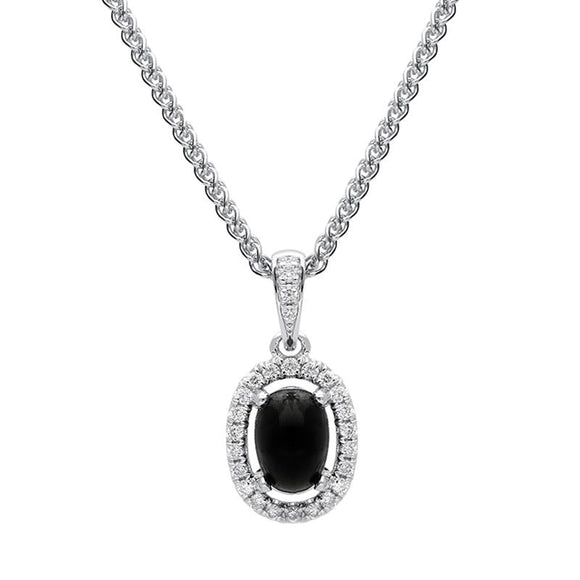 18ct White Gold Whitby Jet Diamond Oval Cluster Necklace, P3324.