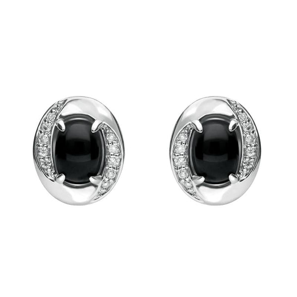 18ct White Gold Whitby Jet 0.11ct Diamond Oval Earrings E1398