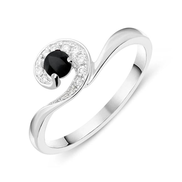18ct White Gold Whitby Jet Diamond Swirl Ring, R1108.