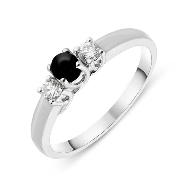 18ct White Gold Whitby Jet Diamond Trilogy Ring, R1111.