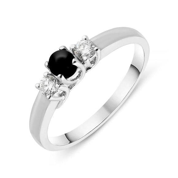18ct White Gold Whitby Jet Diamond Trilogy Ring, R1111.