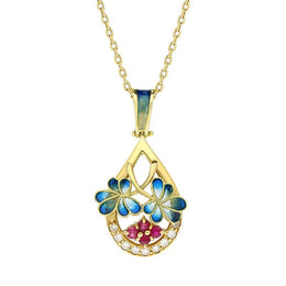 18ct Yellow Gold Diamond Ruby Enamel Flower Necklace IGP_012RU