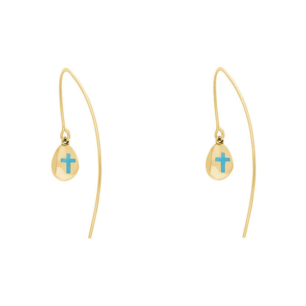 18ct Yellow Gold Turquoise Cross Disc Drop Earrings, E1374.
