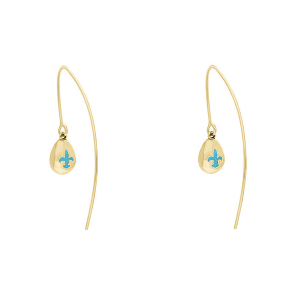 18ct Yellow Gold Turquoise Fleur De Lis Disc Drop Earrings, E1373.