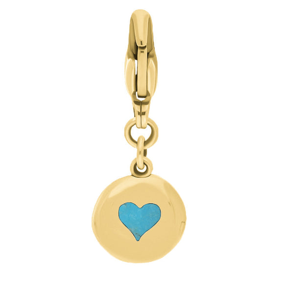 18ct Yellow Gold Turquoise Round Shaped Heart Clip Charm, G665.