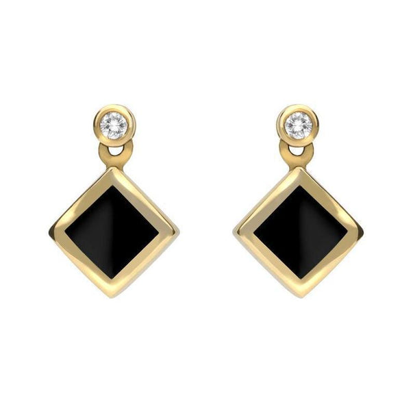 18ct Yellow Gold Whitby Jet 0.06ct Diamond Top Square Stud Earrings. E643B