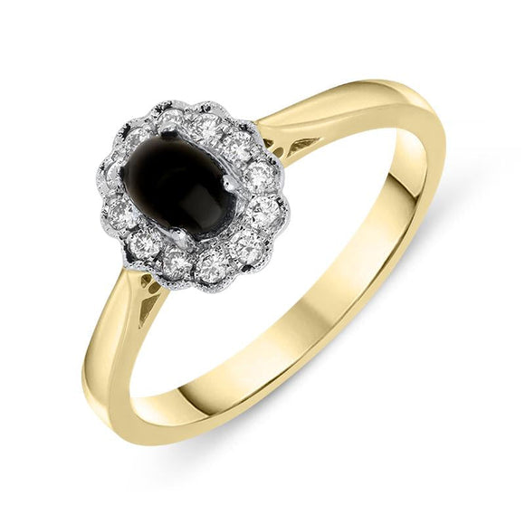 18ct Yellow Gold Whitby Jet 0.16ct Diamond Milgrain Cluster Ring, R1148.