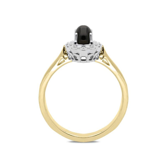 18ct Yellow Gold Whitby Jet 0.16ct Diamond Milgrain Cluster Ring, R1148.