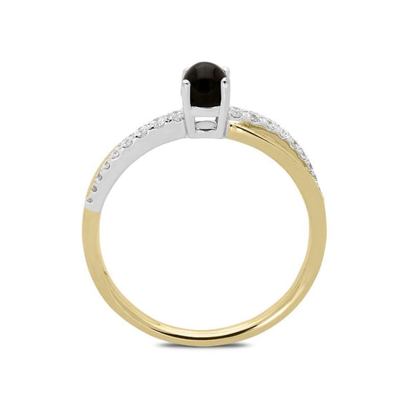 18ct Yellow Gold Whitby Jet 0.16ct Diamond Split Shoulder Ring, R1147.