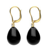 18ct Yellow Gold Whitby Jet 0.20ct Diamond Lever Back Pear Drop Earrings. E2248