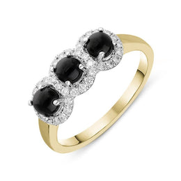 18ct Yellow Gold Whitby Jet 0.24ct Diamond 3 Stone Ring, R1012.