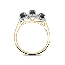 18ct Yellow Gold Whitby Jet 0.24ct Diamond 3 Stone Ring, R1012.
