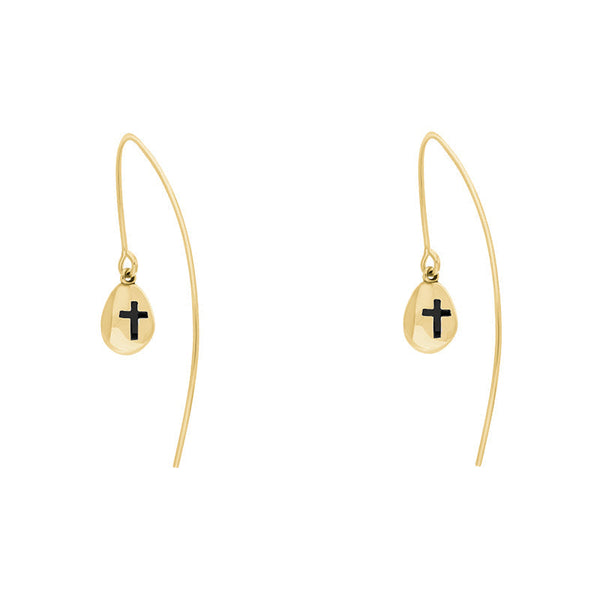 18ct Yellow Gold Whitby Jet Cross Disc Drop Earrings, E1374.