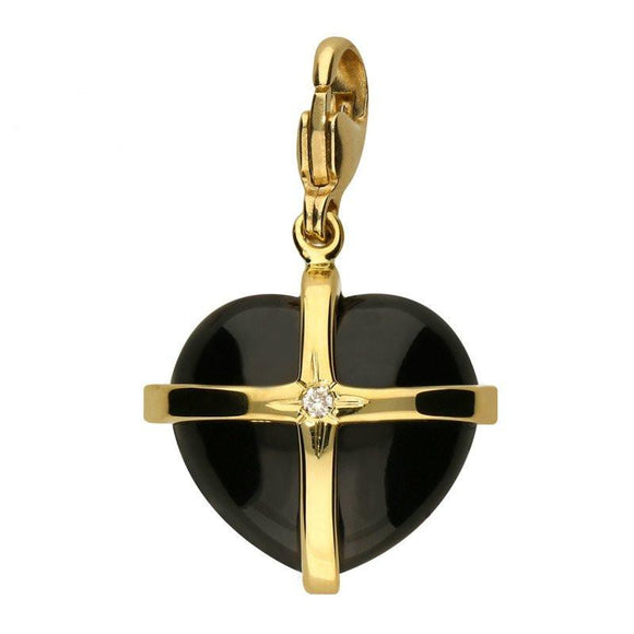 18ct Yellow Gold Whitby Jet Diamond Medium Cross Heart Charm G774