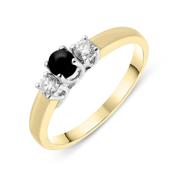 18ct Yellow Gold Whitby Jet Diamond Trilogy Ring, R1111.