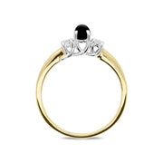 18ct Yellow Gold Whitby Jet Diamond Trilogy Ring, R1111.