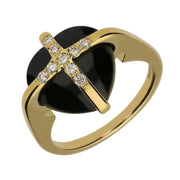 18ct Yellow Gold Whitby Jet Nine Diamond Small Cross Heart Ring R969