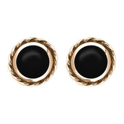 18ct Rose Gold Whitby Jet Round Twist Edge Stud Earrings. E134.