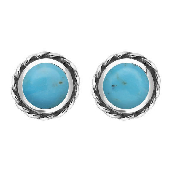 18ct White Gold Turquoise Round Twist Edge Stud Earrings. E134.