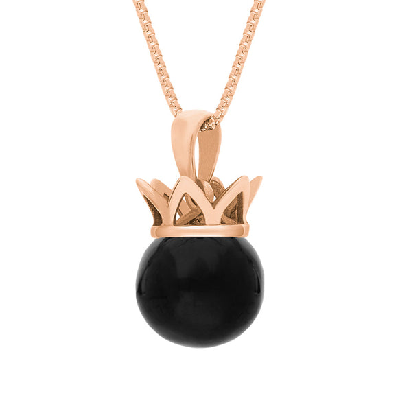 9ct Rose Gold Whitby Jet Royal Coronet 11mm Bead Pendant, P1920.